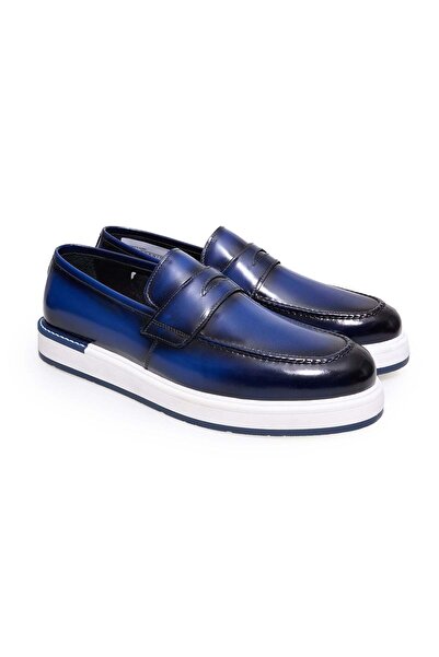 FRANCO CALVANI Dark Blue Color Laceless Genuine Leather Men's Shoes
