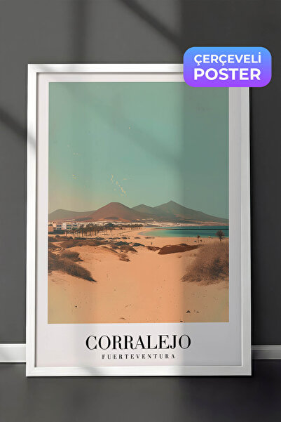 Zestia Vintage zidna slika sa belim okvirom, pejzaž plaže Corralejo Fuerteven...