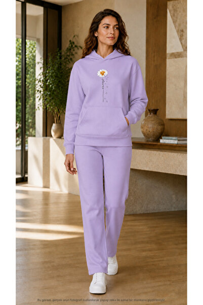 caddekombin Women's Daisy Spilt Hearts Printed 2-Piece Tracksuit Set/Round Ne...