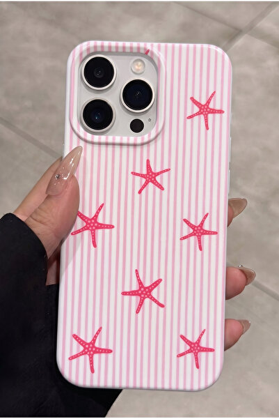 KVK PRİVACY iPhone 15 Pro Max Uyumlu Pembe Deniz Yıldızı Desenli Çizgili Kadi...
