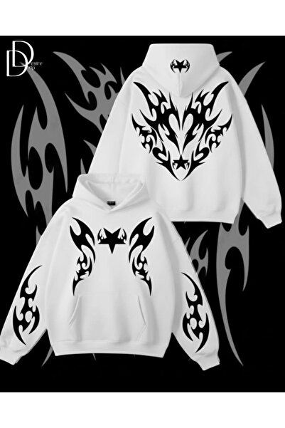 ZAVIXO Tribal Baskılı Kapüşonlu Oversize Sweatshirt Ön Arka ve Kol Desenli Un...