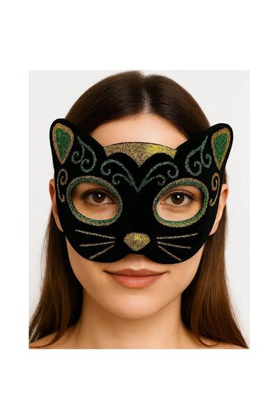 pınaxar Yellow Green Glitter Embroidered Cat Mask on Black Velvet Coating 20X...