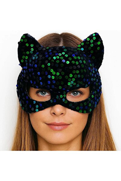 pınaxar Blue Green Sequined Party Mask on Black Velvet Fabric 16X14 cm