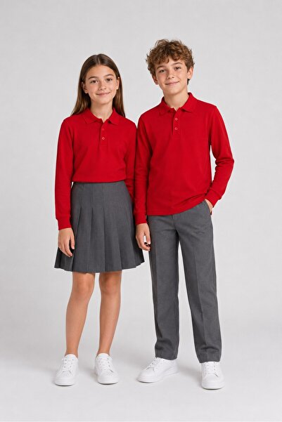 The Clover Girls & Boys Unisex Red 100% Cotton Polo Collar Long Sleeve 2-Piec...