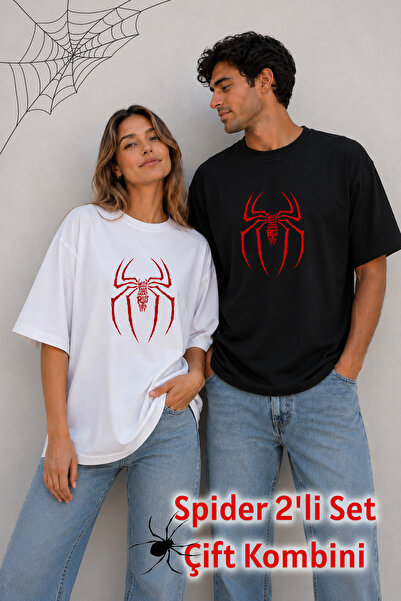 Spider Çift Kombini Örümcek Baskılı Oversize Unisex Tişört Siyah Beyaz Pamuklu T-Shirt