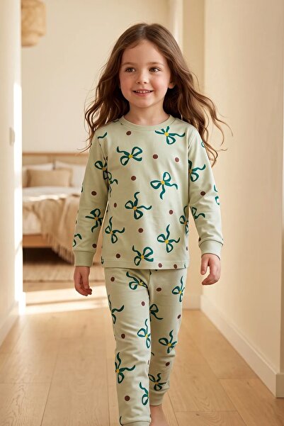 ZUZUNGA Girls' Bow and Polka Dot Patterned Long Sleeve Pajama Set