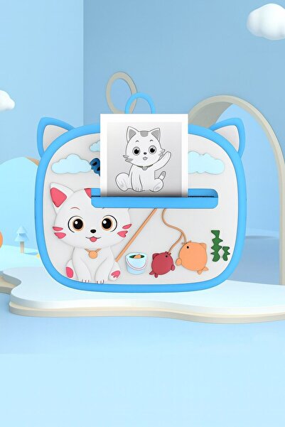 pazariz Çocuk Dijital Kamera Kedi Temalı Termal Yazıcılı 2.4 İnç Ekran Fotoğraf Video Selfie 3 Oyunlu Anında Baskı Makinesi Print Kamera Çift Kamera, Silikon Kılıf
