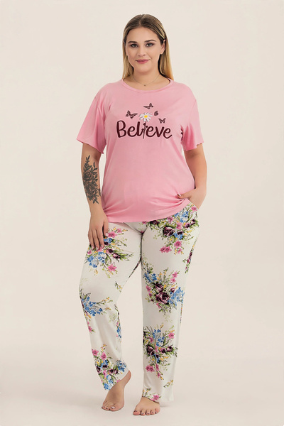 Truva XXL Soft Textured Plus Size Floral Women's Pajama Set