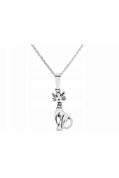 NO BRAND Colier scurt de damă, argintiu, oxidat, cu pisică, tip choker, 40 cm