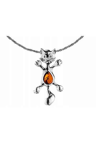 NO BRAND Colier mare cu pisică din argint, cu chihlimbar oxidat, tip choker s...