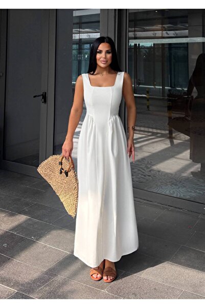 HARMONY GLOBAL White Square Neck Strap Long Summer Dress 8148