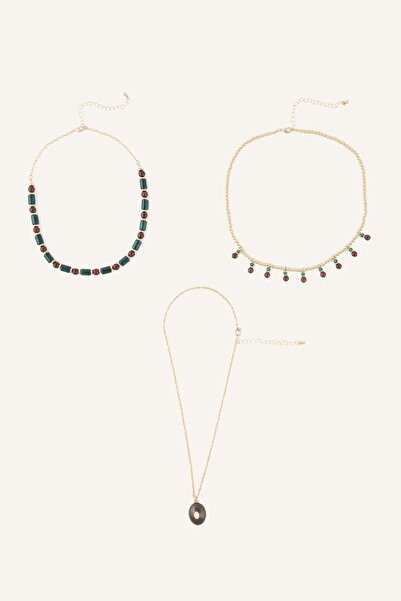 DeFacto Women's Bead and Stone Pendant 3-Piece Necklace Set I4286Axns