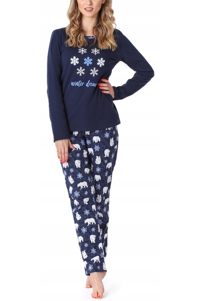 NO BRAND Pijamale de damă din bumbac, cu mânecă lungă, MS-169, Bleumarin L
