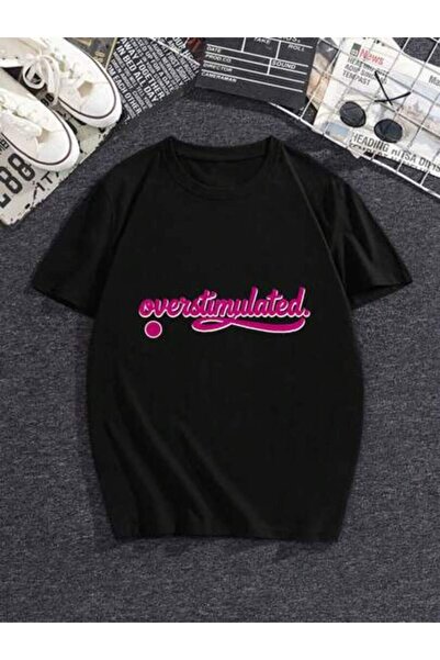 25W Women's "Overstimulated" Funny Pink Slogan Print Crewneck Short Sleeve T-...