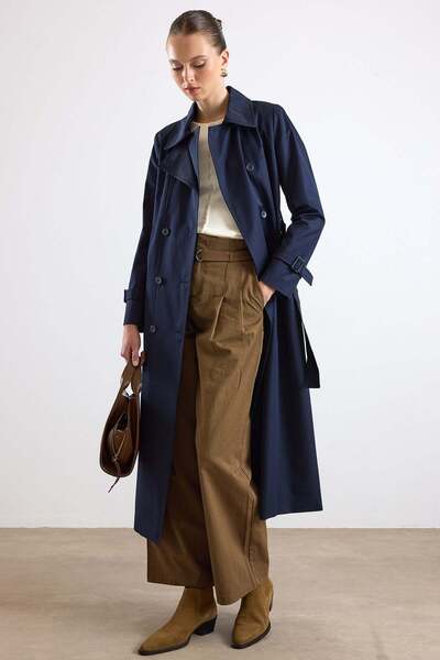 Olcay Shirt Collar Double-Breasted Water-Repellent Trench Coat Dark Blue 6819