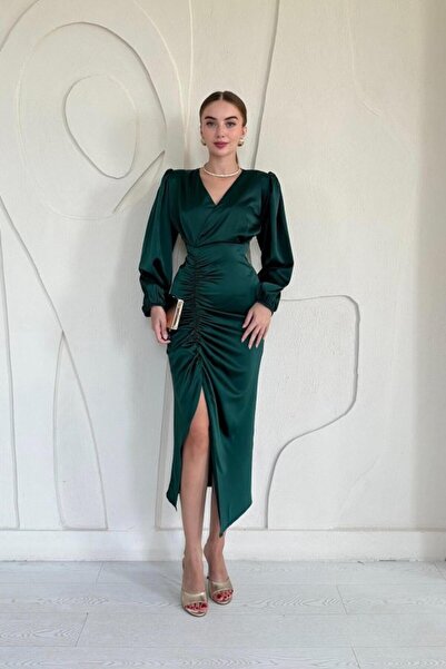 Elbee Fashion Woman Emerald V-Neck Satin Dress