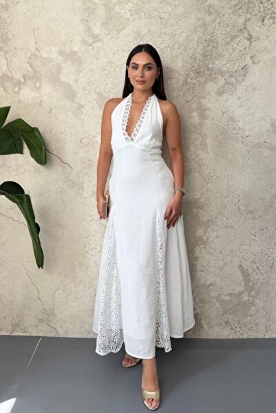 ELBEE White Lace Detailed Tie-Up Dress