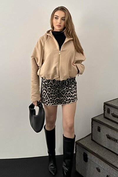 ELBEE Beige hooded bomber suede jacket