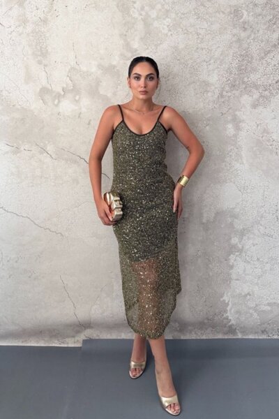 Elbee Fashion Woman Χακί φόρεμα με τιράντες