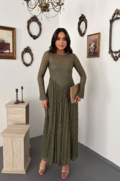 Generic Brand Khaki Lined Long Sleeve Lace Dress