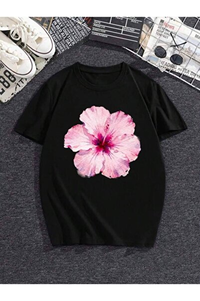 4CR Women's Pink Hibiscus Flower Print White Crewneck Short Sleeve T-Shirt – ...