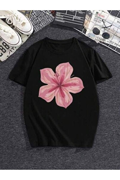 NOURAM Women's With Pink Hibiscus Print Stylish White T-Shirt Summer Fashion ...