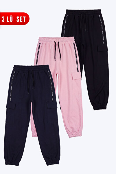 FYK KİDS 3-Piece Girls' Striped Cargo Pocket Sweatpants