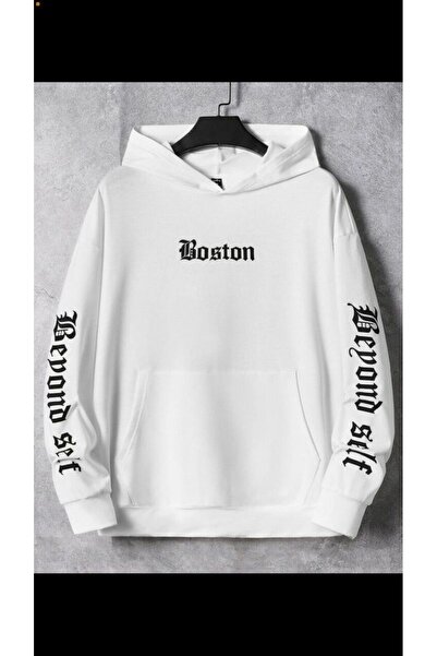 ZAVIXO Boston Lettered Hooded Sweatshirt with Printed Sleeves and Kangaroo Po...
