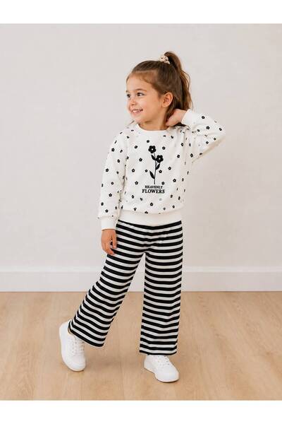 YİGİT BUTİK Girl's Floral Printed Sweatshirt and Striped Wide-Leg Pants Set