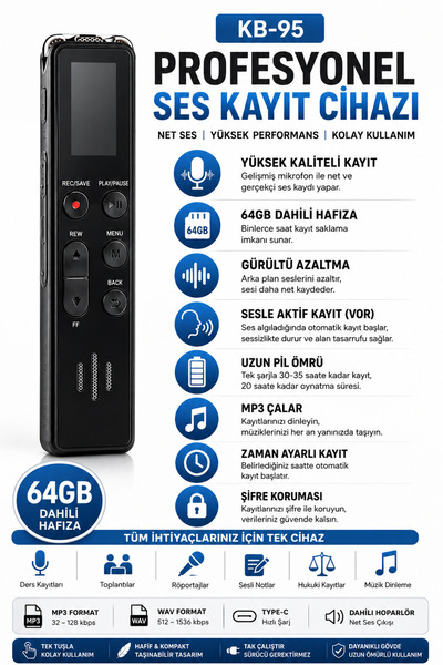 beemen KB-95 64 GB Profesyonel Dijital Ses Kayıt Röportaj Vlog Ders Sesli Not Cihazı – Ekranlı, Gürültü Azaltma, Ses Sensörlü VOR, MP3 Çalar, Şifre Koruma
