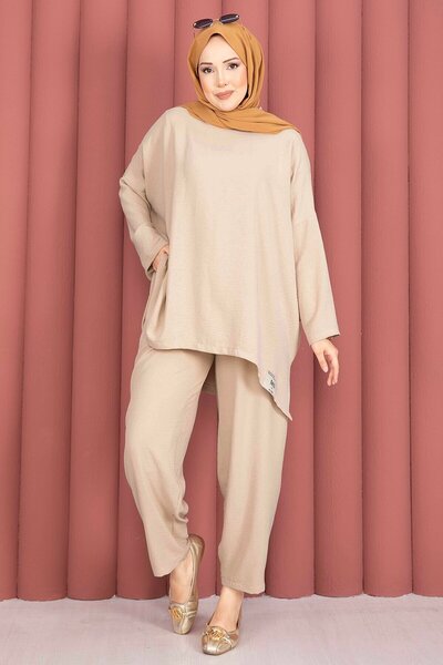 EBRUTESETTÜR Costum casual de vară cu detalii brodate Camel