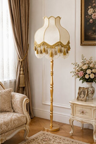 Dekovien Beyaz Kadife Gold Saçaklı Başlık Gold Ahşap Ayaklı Lambader Vintage ...