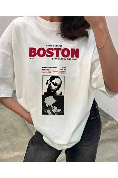 LELVANİ United States Boston Unisex Printed Crew Neck T-Shirt