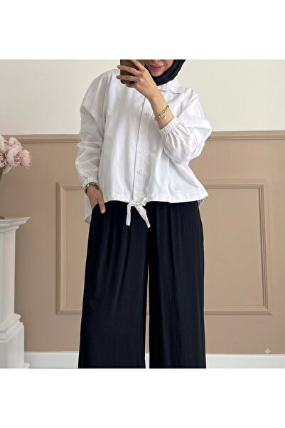 Bahar Altundemir Kadın Beli Büzgülü Oversize Düğmeli Crop Gömlek