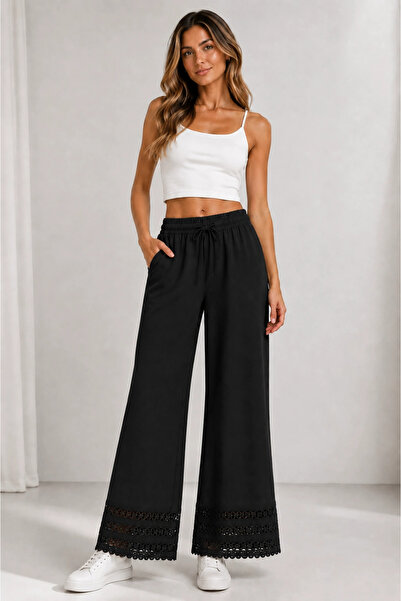 MetuCA Women's Black Lace-Cuffed Cotton Linen Wide-Leg Trousers