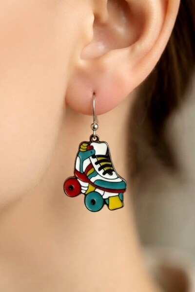 Fildişi Aksesuar Skate Shaped Enamel Women's Earrings Double Piece Handmade E...
