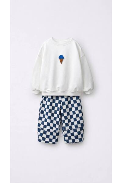 Dondurma Nakışlı Sweatshirt & Damalı Eşofman Erkek Çocuk 2'li Takım