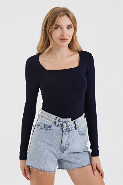 MODiSCHO Women's Square Collar Navy Blue Slim Fit Finger-Looped Ultra Soft Fl...