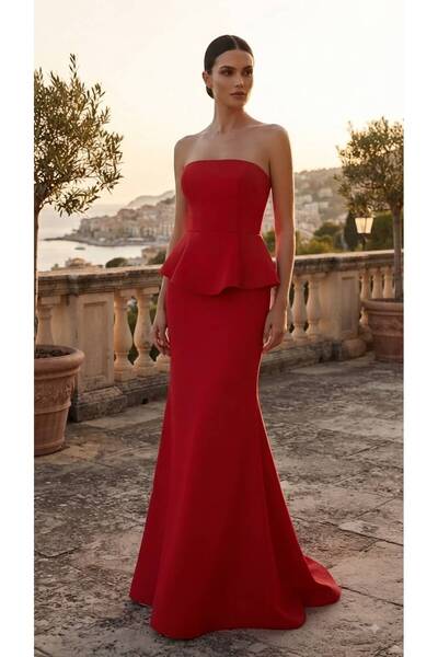Hot Contact Düşük Kol Straplez Sade Şık Balık Kesim Abiye-9706