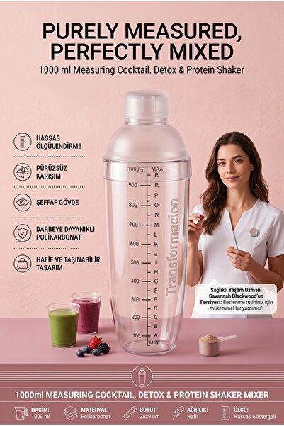 Transformacion Ölçekli Şeffaf Detoks Shaker 1000 ml Vitamin Protein Tozu Çalk...