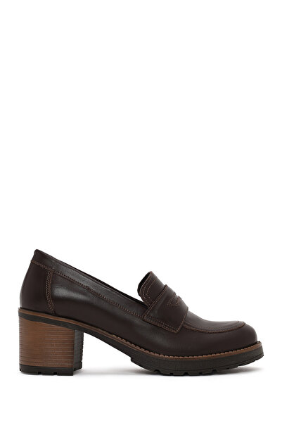 Derimod Women's Brown Thick Heeled Leather Loafer Af190056Dv