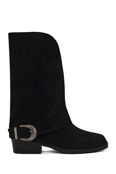 Derimod Women's Black Buckle Short Thick Heeled Suede Leather Boots Af180023Ds
