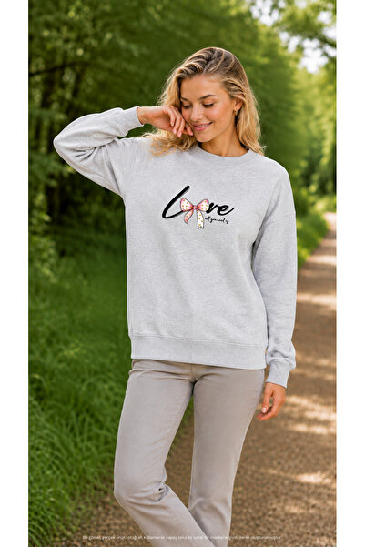 EMMODA Women's Pink Ribbon Detailed Love Written Round Neck Casual Sweatshirt