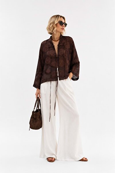 ibeeka Brown Tie-Dye Detail Embroidered Loose Cut Premium Pareo - Kaftan Shirt