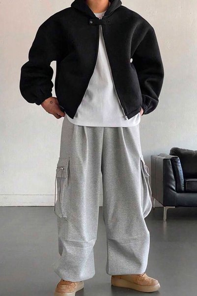 North London Men's Black Oversize Sweatshirt with Front Buttons and Zipper, Three Thread Ribbed Design