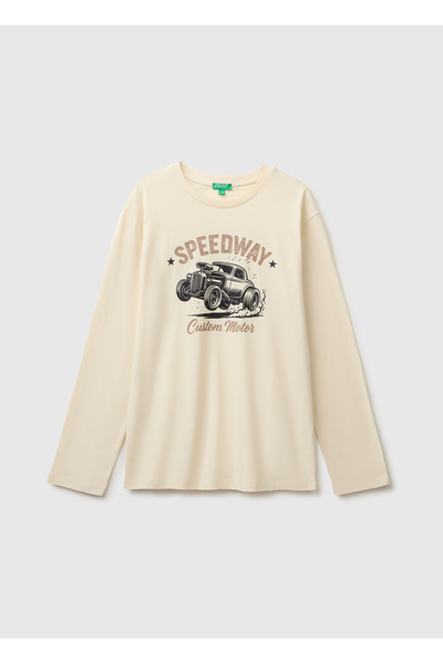 United Colors of Benetton Boy's Cream Long Sleeve T-Shirt with Front Print