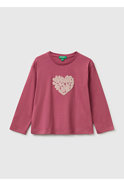 United Colors of Benetton Girl's Fuchsia Front Printed Long Sleeve T-Shirt