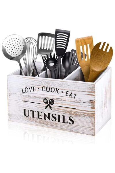 Generic White Wood Kitchen Utensil Caddy/Holder – 3 Compartments, Extra Large...