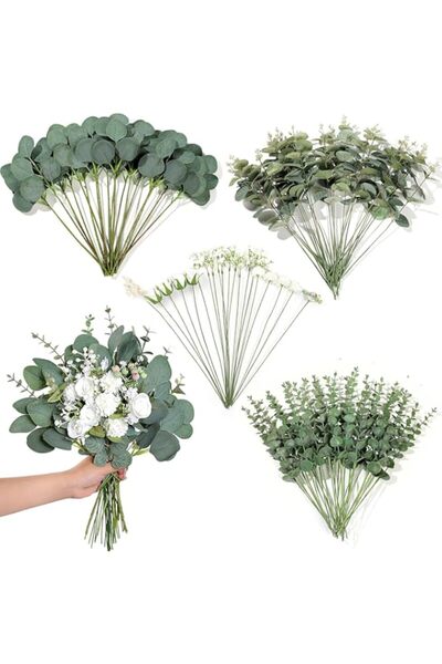 Generic Brand 110 Pcs Artificial Eucalyptus Stems & Faux Flowers, 8 Varieties...