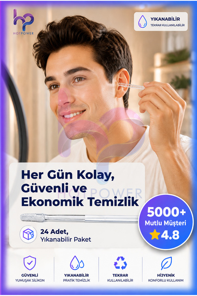tozlupazar Yapışkan Silikon Uçlu Kulak Temizleme Çubuğu 24'lü Yıkanabilir Tekrar Kullanılabilir Hijyenik Çubuk